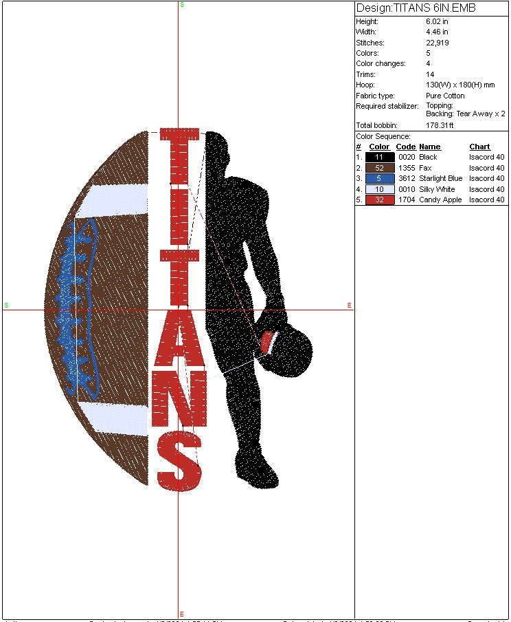 Titans Football Machine Embroidery file design, Tennessee Sports Digital File Instant Download 2 sizes to fit 4x4 and 5x7 hoops