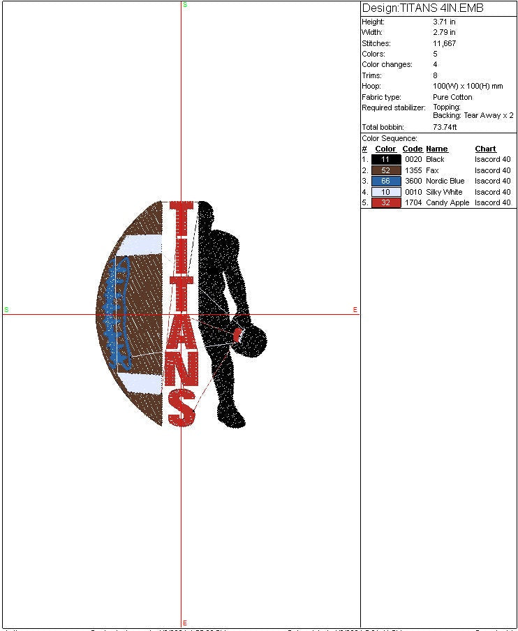 Titans Football Machine Embroidery file design, Tennessee Sports Digital File Instant Download 2 sizes to fit 4x4 and 5x7 hoops