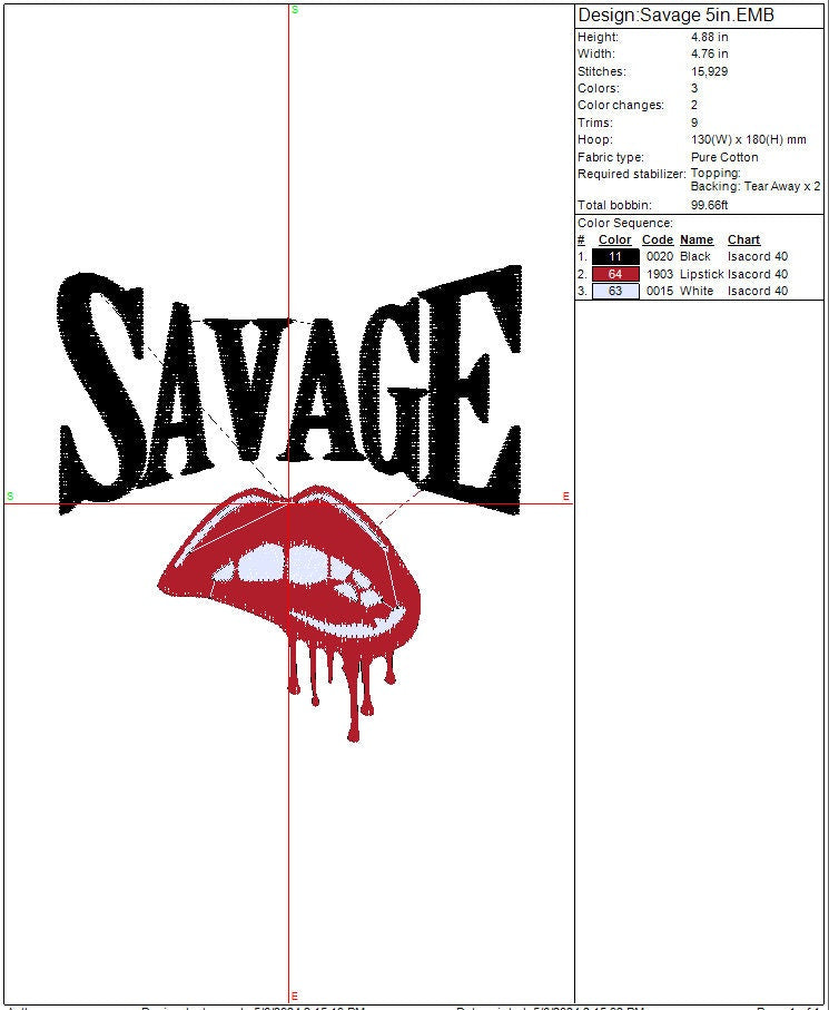 Savage machine embroidery file design, Instant Download, 4 sizes 4in, 5in, 7in and 10in Designs