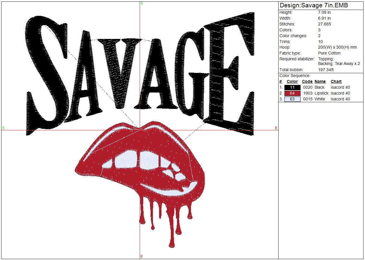 Savage machine embroidery file design, Instant Download, 4 sizes 4in, 5in, 7in and 10in Designs