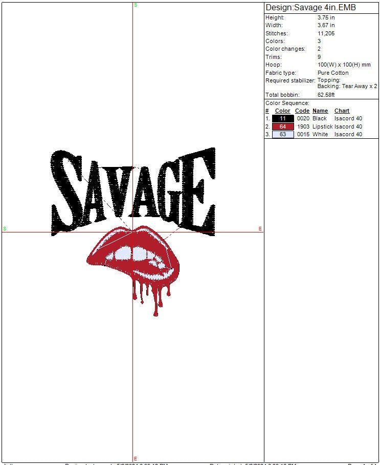 Savage machine embroidery file design, Instant Download, 4 sizes 4in, 5in, 7in and 10in Designs