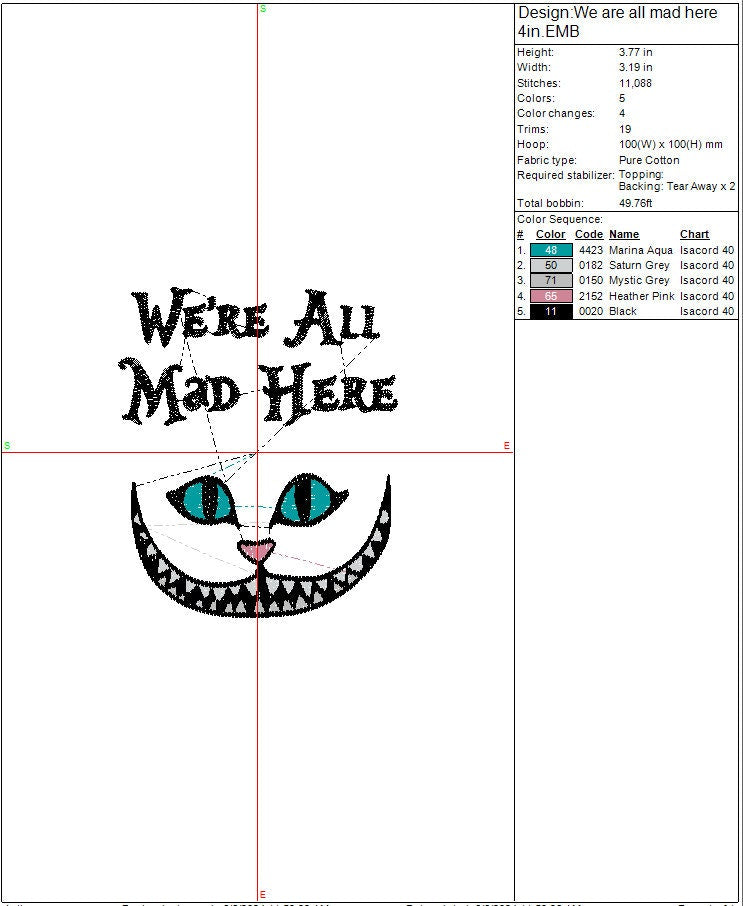 We're All Mad Here machine embroidery file design, Digital File Instant Download, 3 sizes 8in, 5in, and 4in