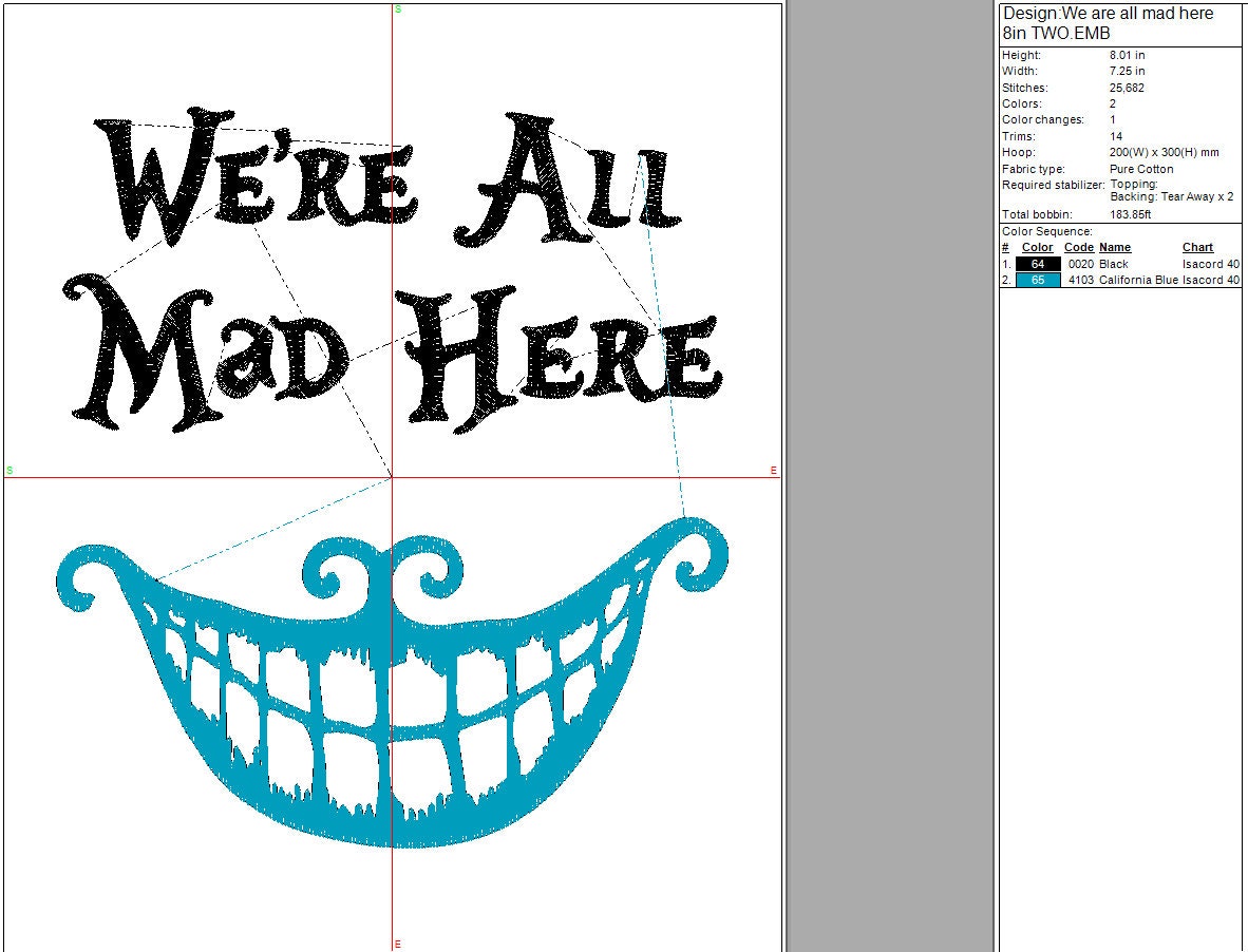 We're All Mad Here machine embroidery file design, Digital File, Instant Download, Two Designs, 3 sizes each