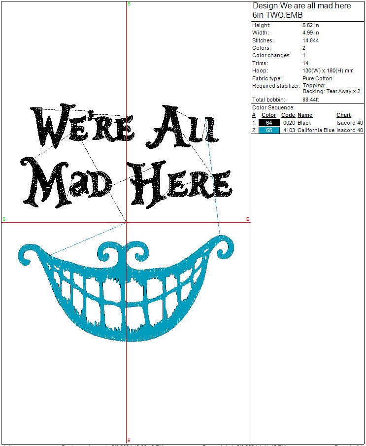 We're All Mad Here machine embroidery file design, Digital File, Instant Download, 3 sizes 8in, 6in, and 4in