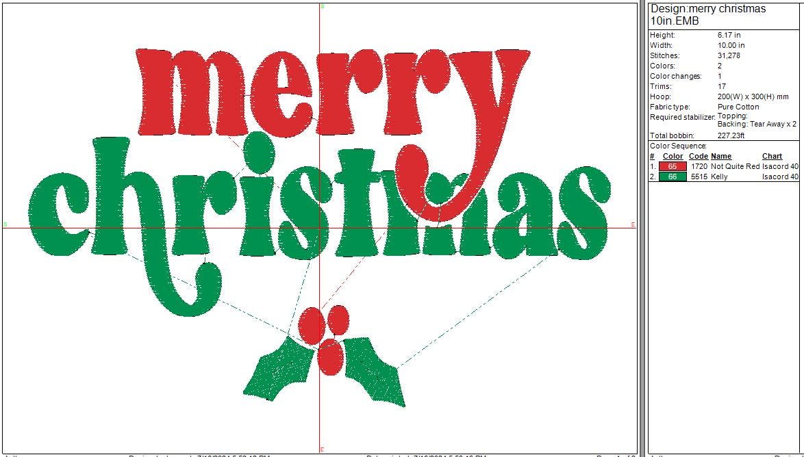 Merry Christmas Machine Embroidery file design, Holiday Digital File Instant Download 4in, 7in, 10in