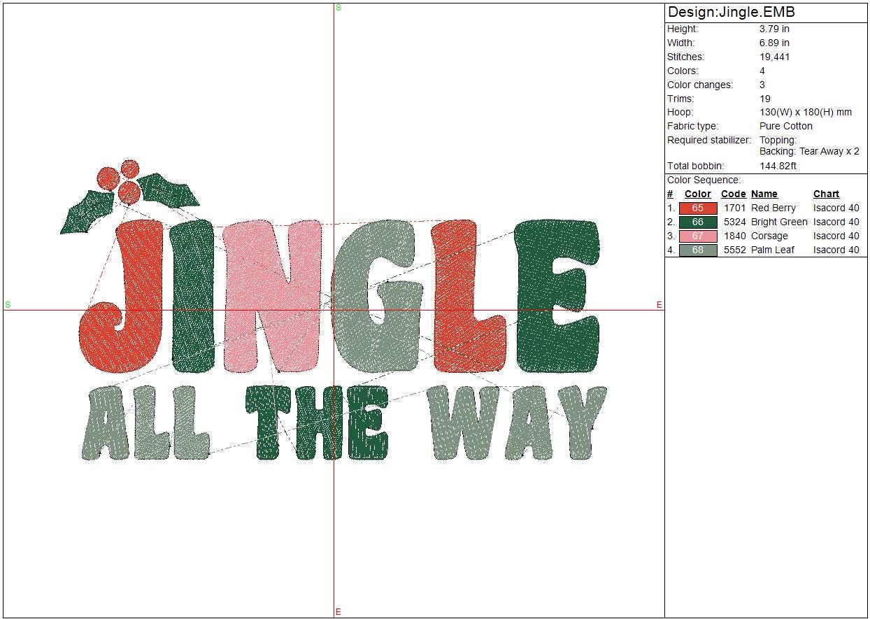 Christmas Machine Embroidery file design, Jingle all the way, Holiday Digital File Instant Download 4in, 7in, 10in