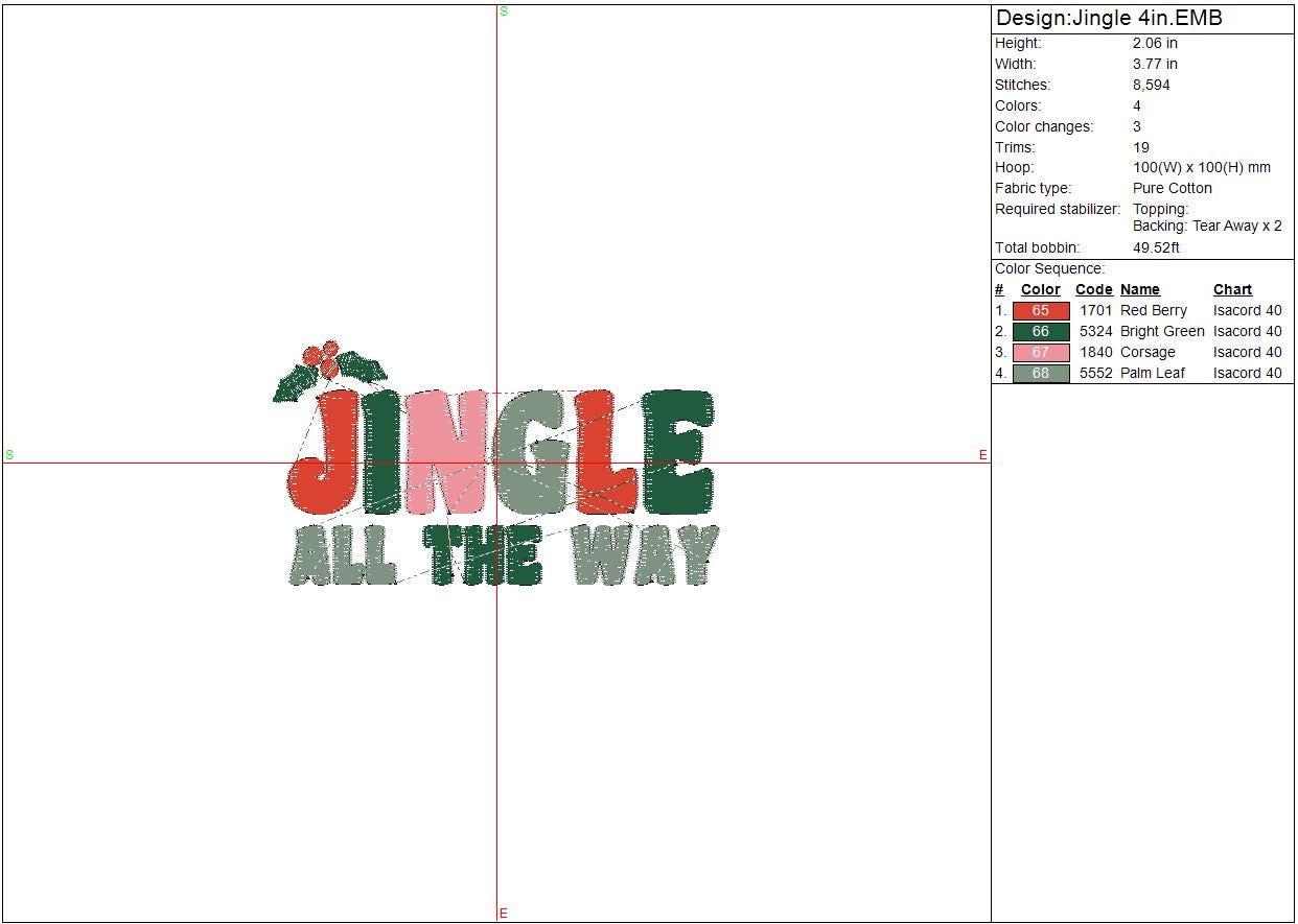 Christmas Machine Embroidery file design, Jingle all the way, Holiday Digital File Instant Download 4in, 7in, 10in
