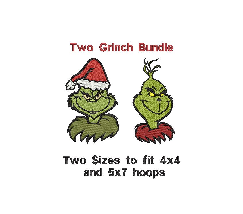 Christmas Grinch Heads Machine Embroidery file design, Christmas Holiday Digital File Instant Download, 2 designs to fit 5x7 hoops