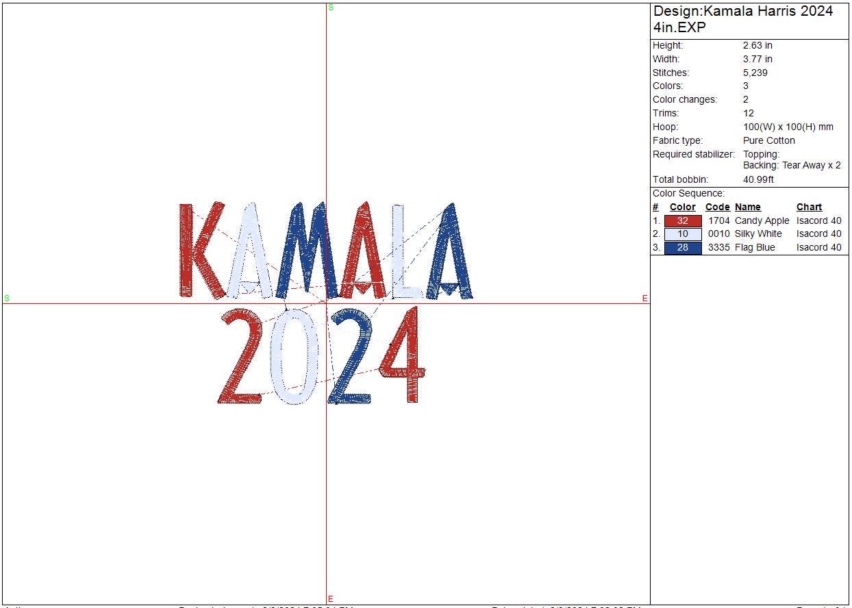 Kamala Harris Embroidery Design, Political, 2024, Madam President, Instant Download, Digital Download 9in, 7in, 4in
