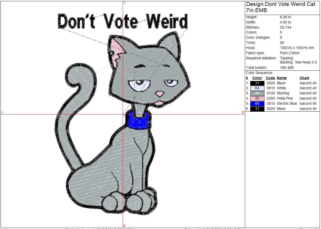 Don't Vote Weird Embroidery Design, Political, 2024, Cats for America, Childless Cat lady, Instant Download, Digital Download 9in, 7in