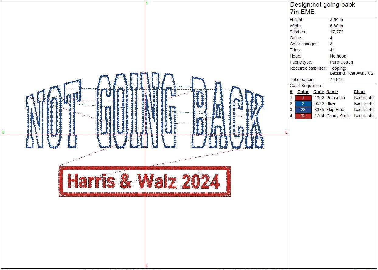 Kamala Harris, Not Going Back Embroidery Design, Political, 2024, Madam President, Instant Download, Digital Download 9in, 7in