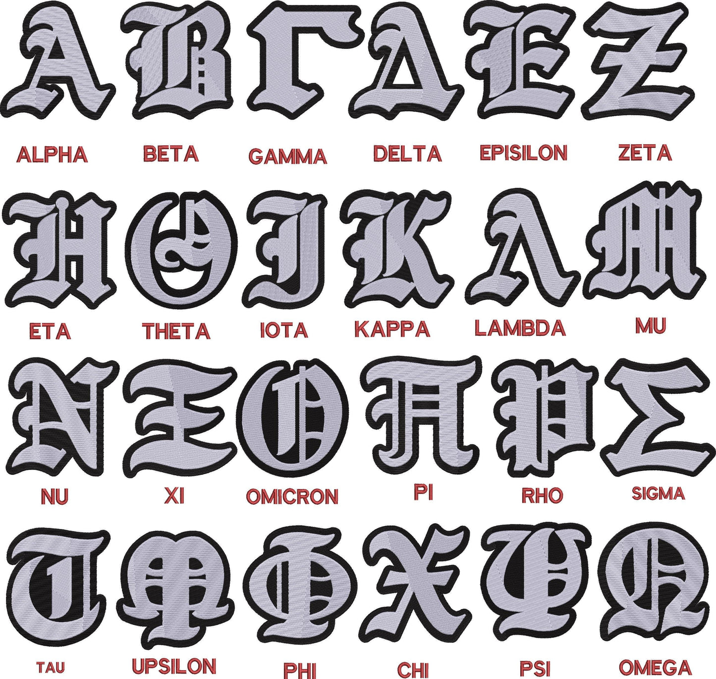 Custom Greek Letters Embroidery Design, Old English, Sorority, Fraternity, Digital File Instant Download up to Three 4in letters w/placement