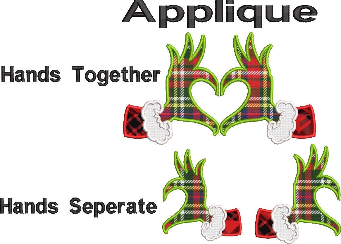 Christmas Applique Grinch Heart Hands Machine Embroidery file design, Christmas Holiday Digital File Instant Download 7in and 10 inch