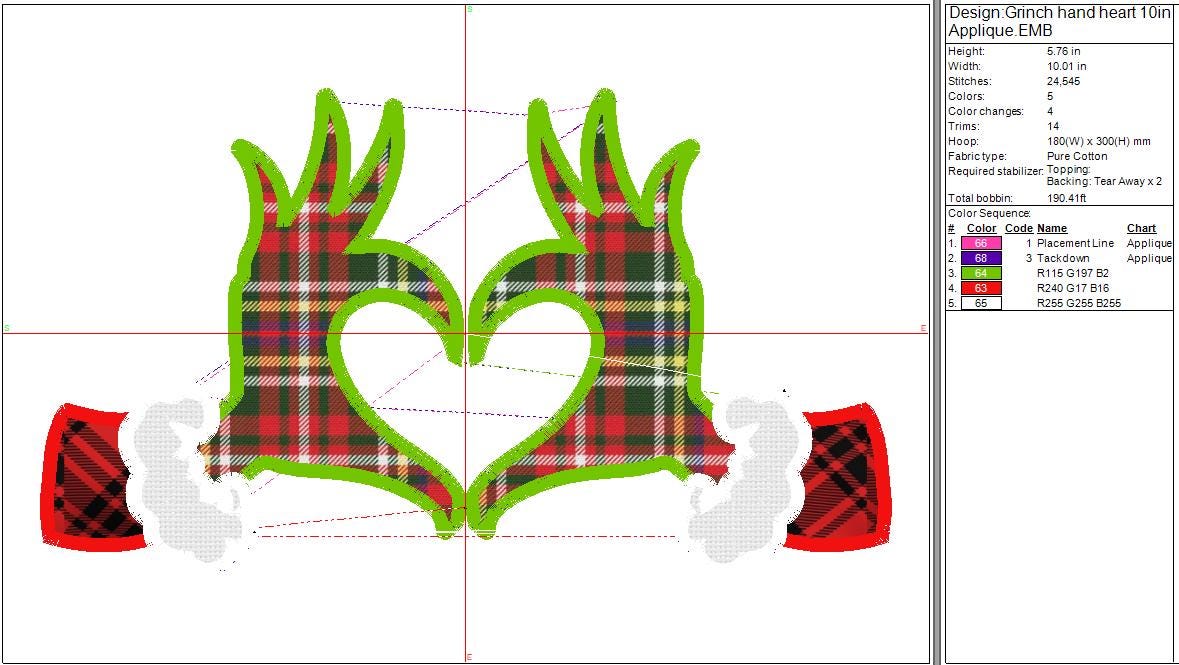 Christmas Applique Grinch Heart Hands Machine Embroidery file design, Christmas Holiday Digital File Instant Download 7in and 10 inch