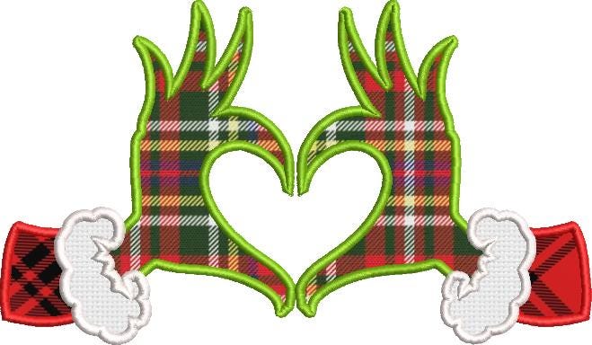 Christmas Applique Grinch Heart Hands Machine Embroidery file design, Christmas Holiday Digital File Instant Download 7in and 10 inch