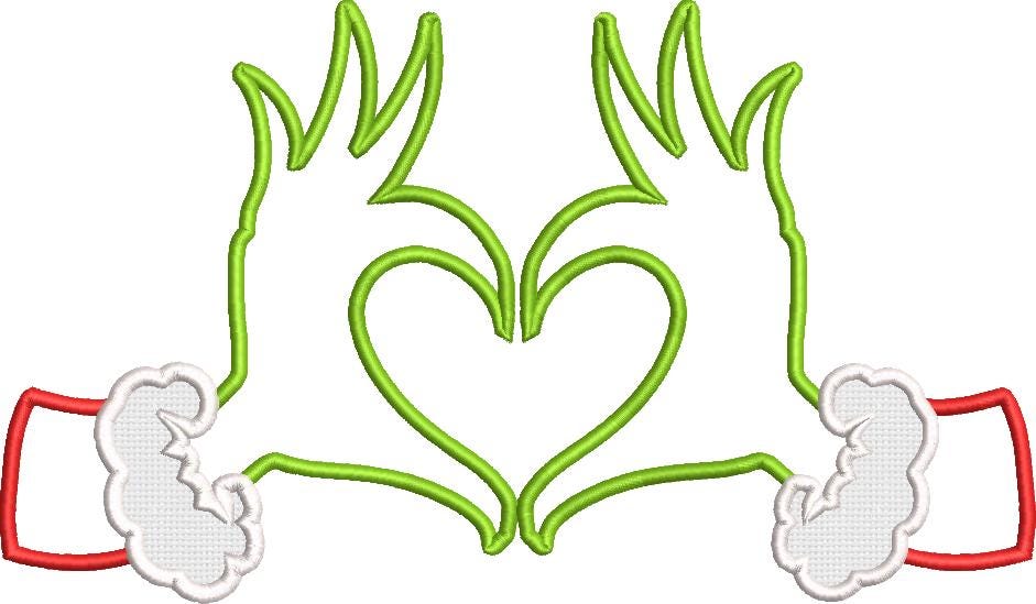 Christmas Applique Grinch Heart Hands Machine Embroidery file design, Christmas Holiday Digital File Instant Download 7in and 10 inch