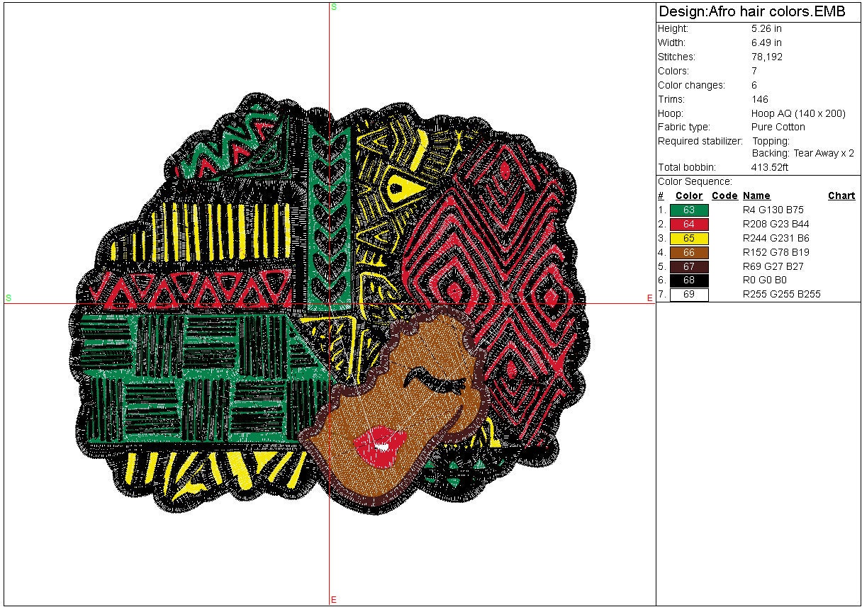 Afro Scentric Hair machine embroidery file design Africa Colors Digital File Instant Download