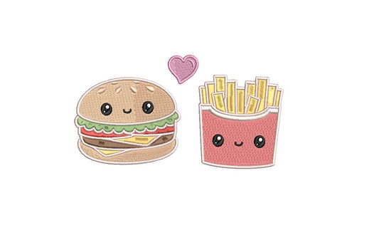 Burger and fries kawaii machine embroidery file, couples digital design,  Instant Download