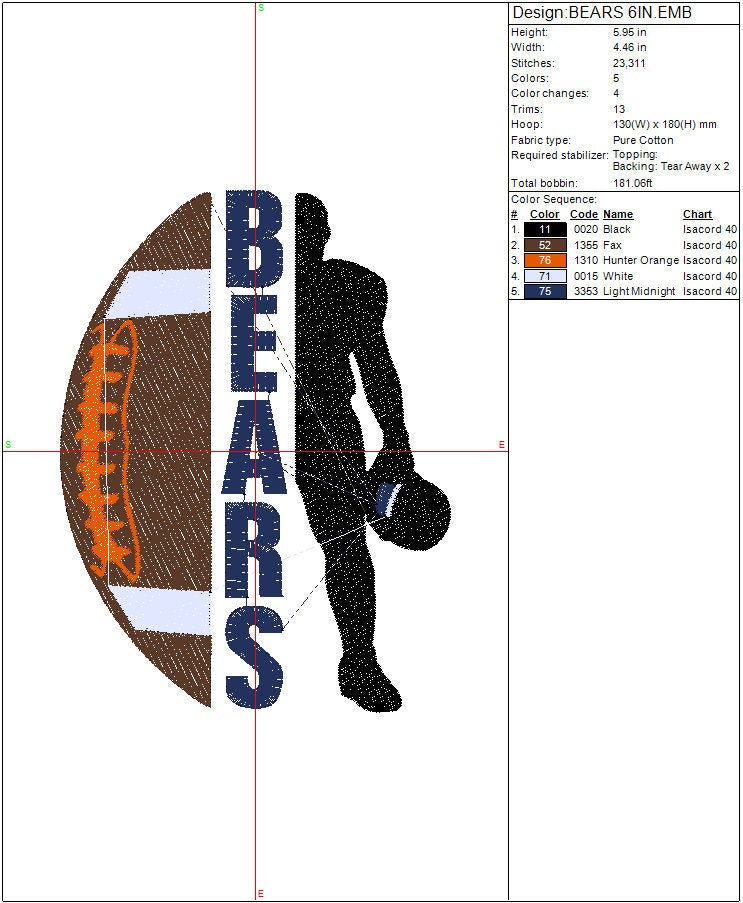 Chicago Bears Football Machine Embroidery file design Sports Digital File Instant Download 2 sizes to fit 4x4 and 5x7 hoops
