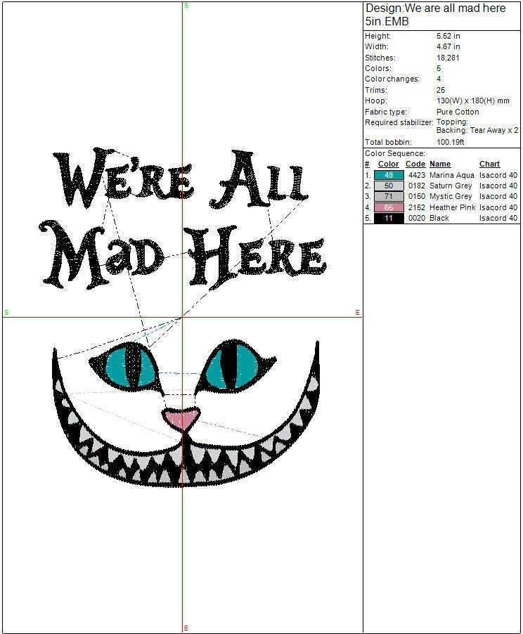 We're All Mad Here machine embroidery file design,  Digital File Instant Download, 3 sizes 8in, 5in, and 4in