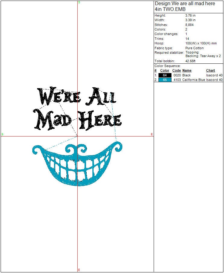 We're All Mad Here machine embroidery file design,  Digital File, Instant Download, 3 sizes 8in, 6in, and 4in