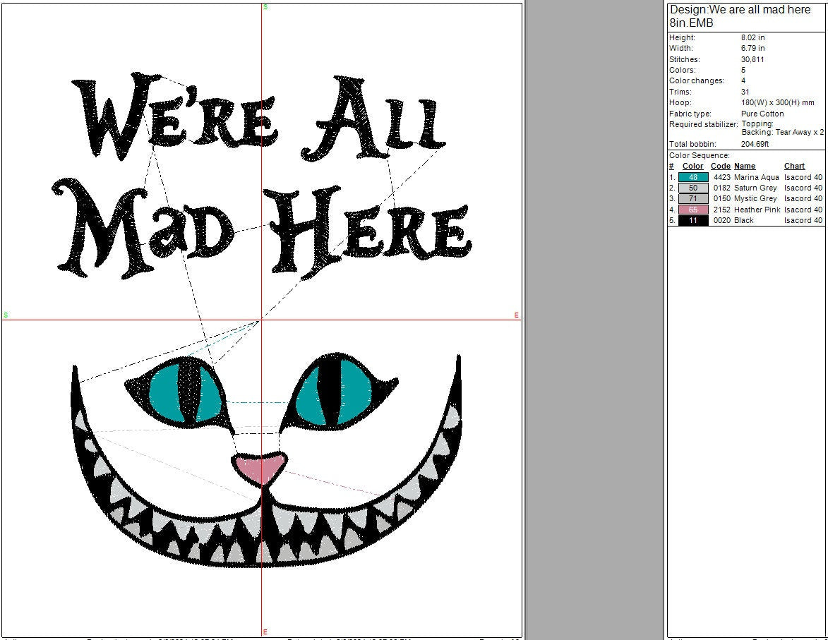 We're All Mad Here machine embroidery file design,  Digital File Instant Download, 3 sizes 8in, 5in, and 4in